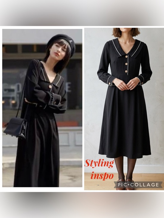 Bayue Style Dresses & Skirts - Bayue Style V-Neck Long Sleeve Midi Dress with Contrast Piping